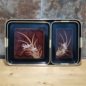 VTG Lacquer Beverage Serving Tray Barware Rectangular Square Black Enamel Floral